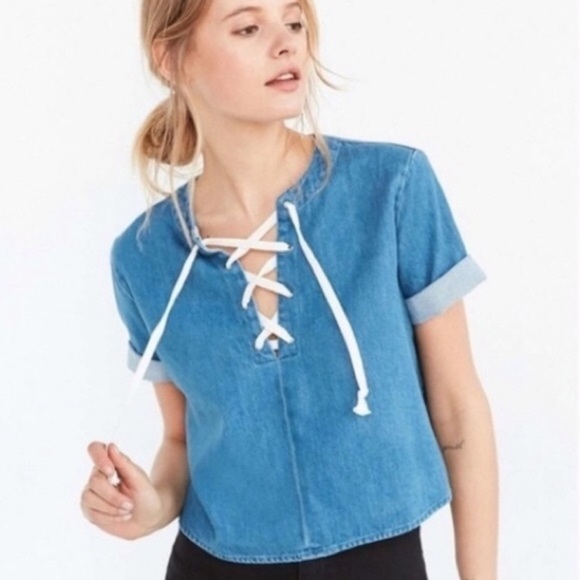 UO BDG Chambray Lace Up Crop Top - Picture 1 of 7